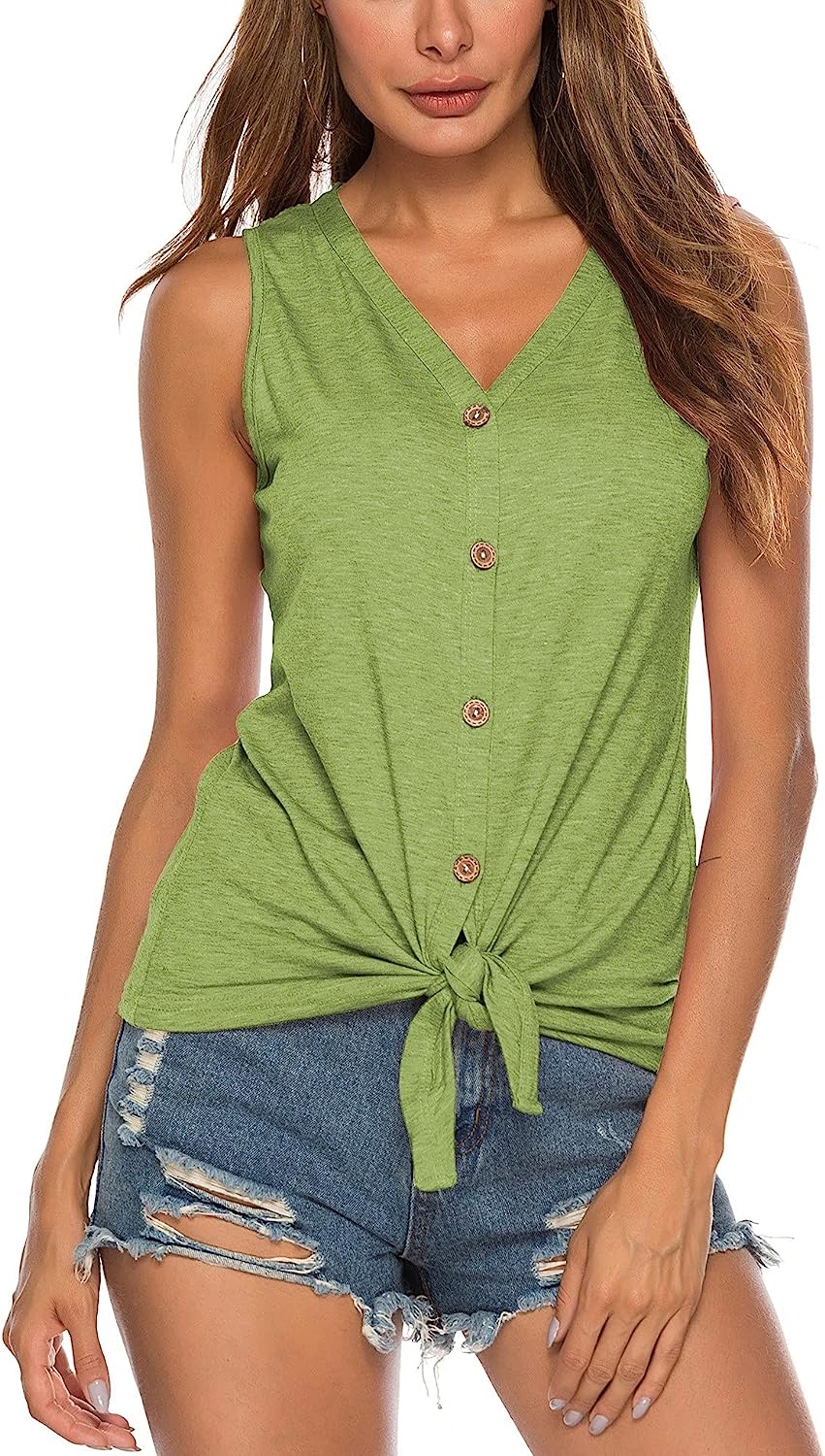 230816040919328_1 Women's Tie Knot Button Down Shirts Sleeveless Casual Blouse Curved Hemline Tops S-XXL - Image 1